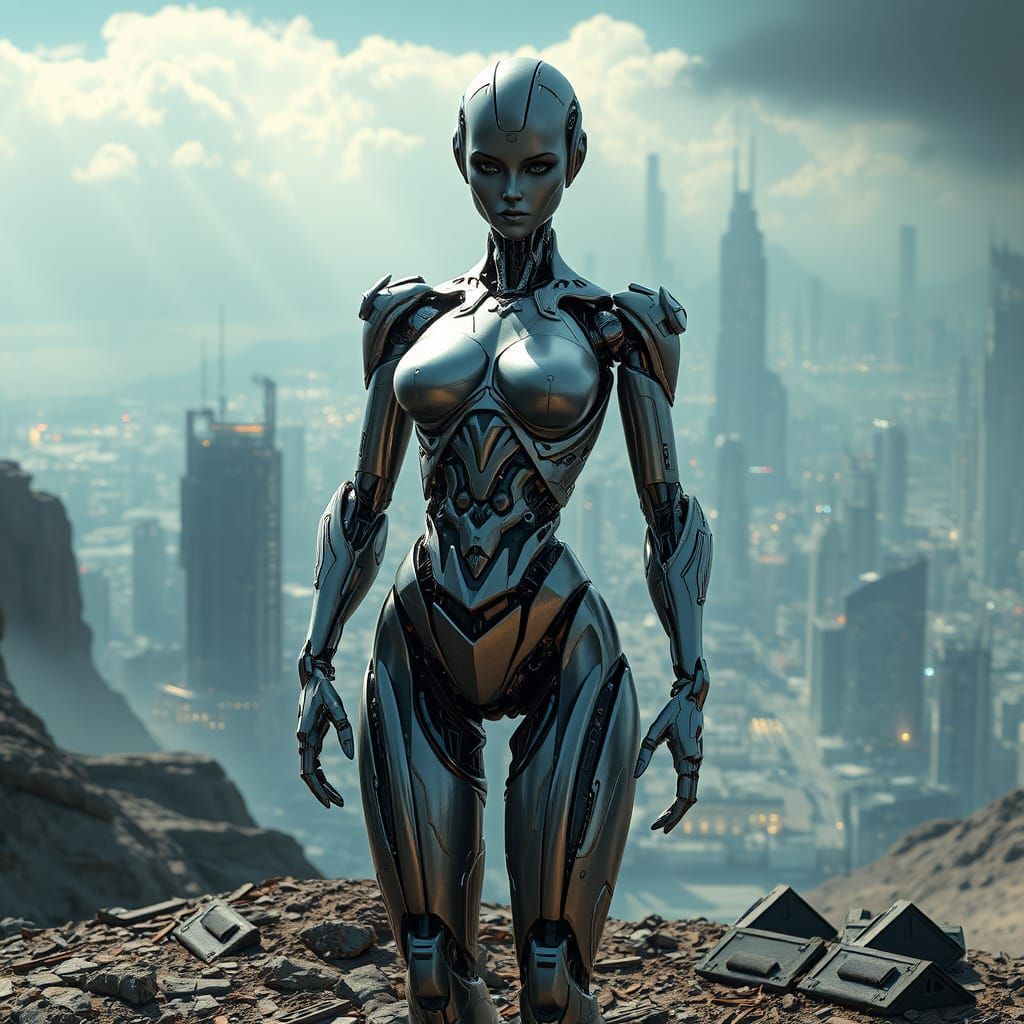 Glamorous Robot Women Stand Tall in Futuristic Cityscape