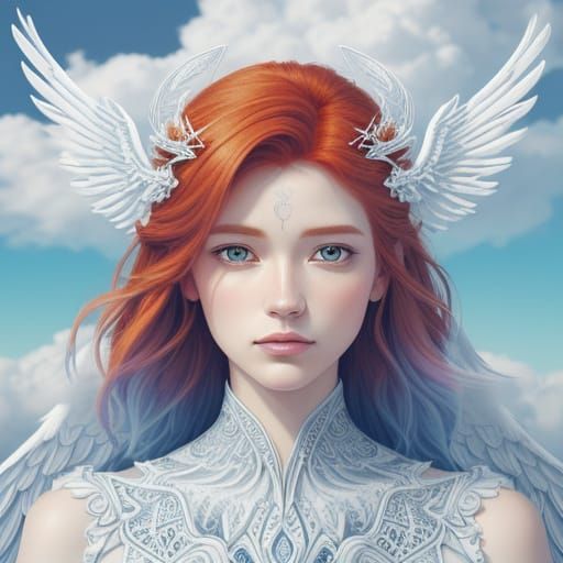 Redhead Angel Portrait in Zentangle Style on Ethereal Clouds