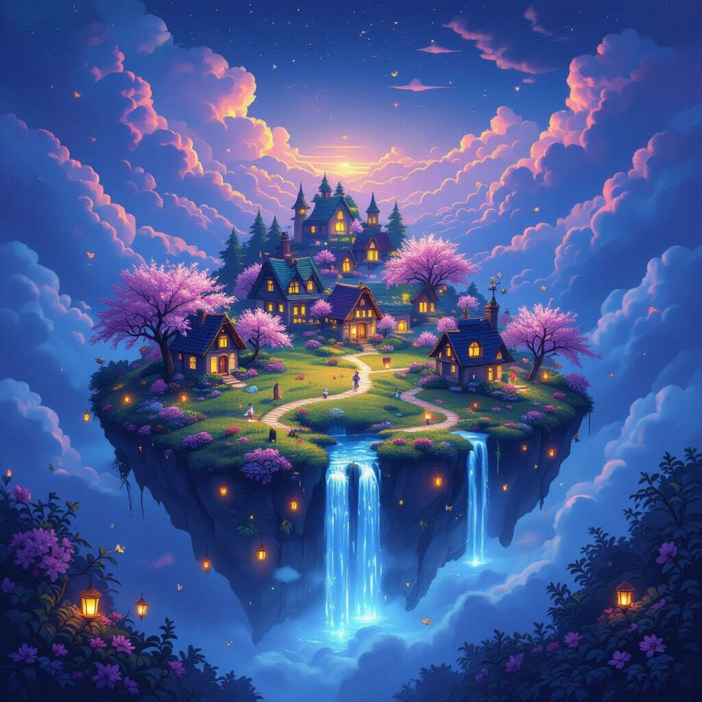 Magical Floating Island Meadow at Night