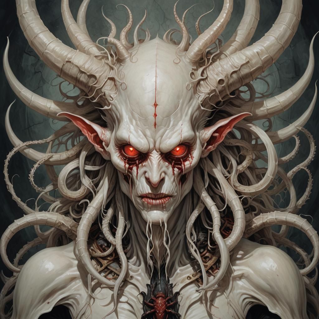 Ethereal Being with Horns and Red Eyes in Symmetrical Gothic...