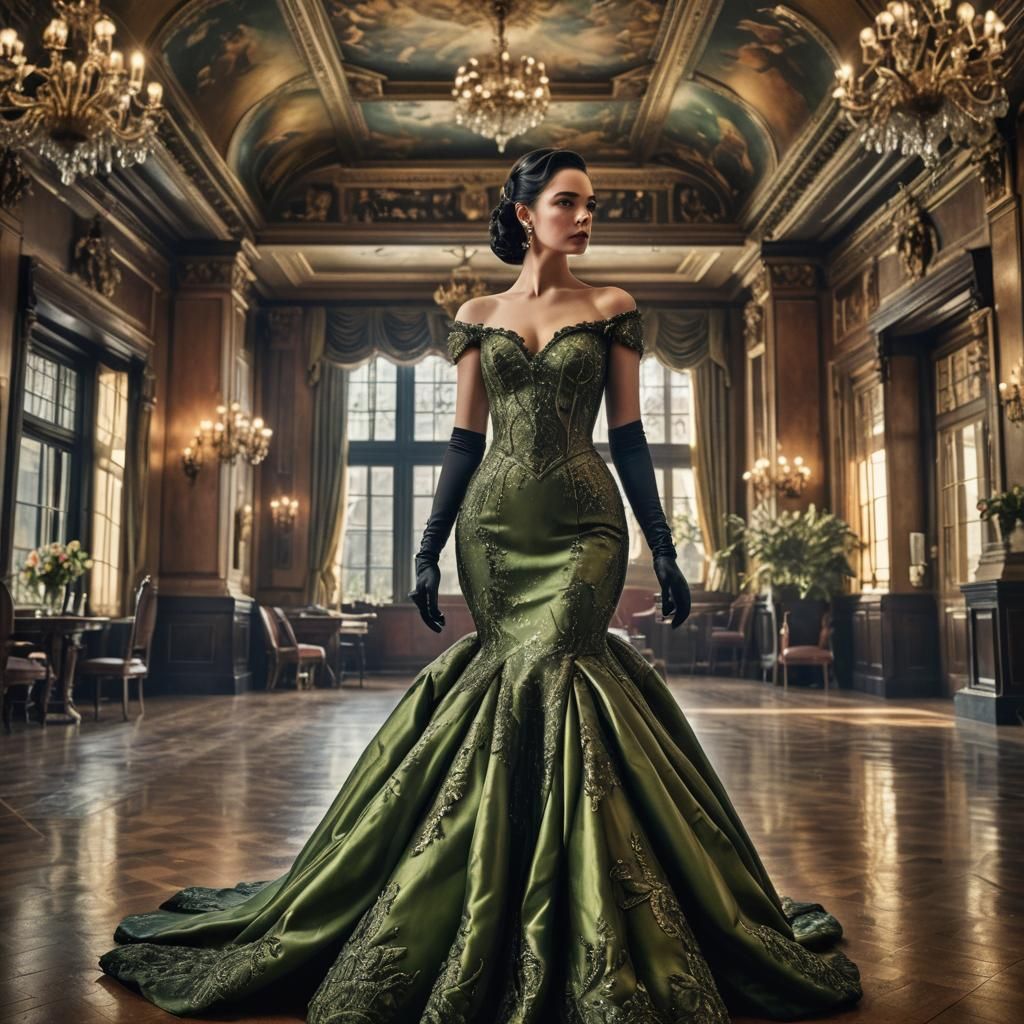 Elegant Woman in High-Contrast Ballroom