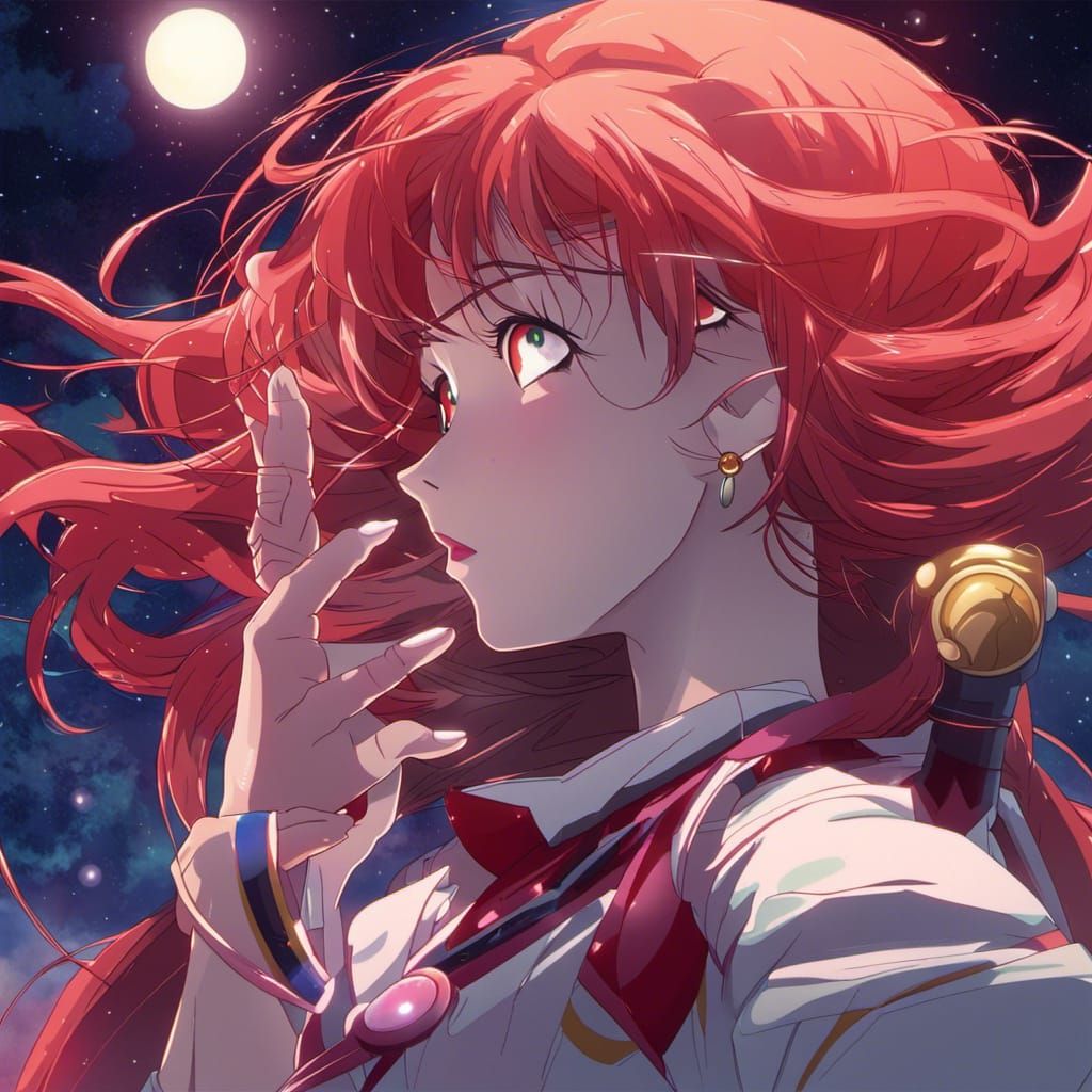 Sailor Moon Inspired Anime Art of Red Haired Girl in Red Aur...