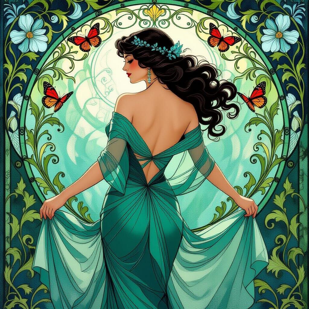 Art Nouveau Woman In Flowing Gown With Stained Glass Flowers