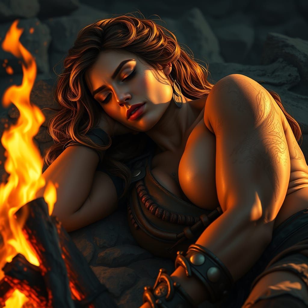 Barbarian Woman Rests by Campfire in Golden Light