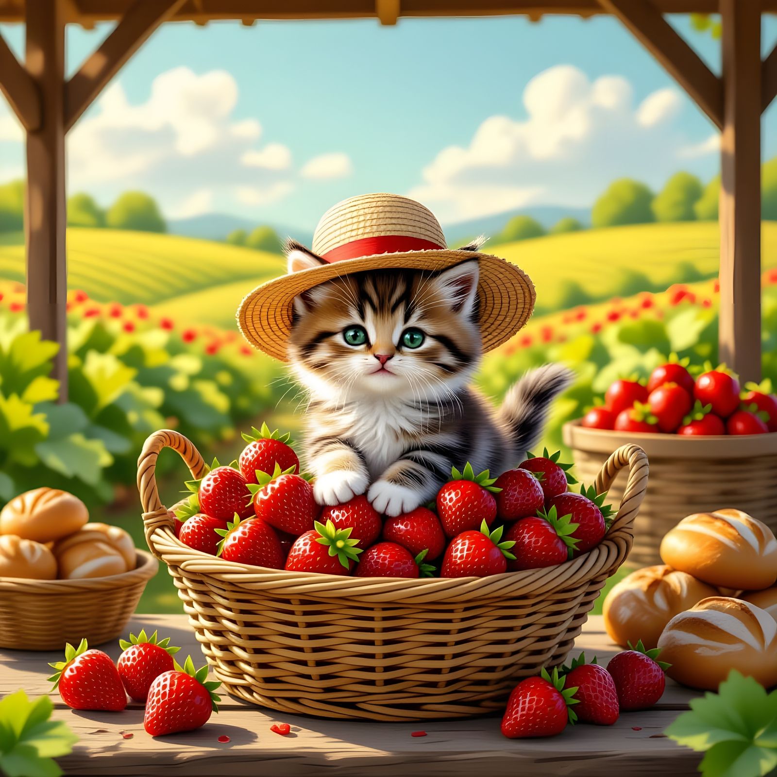 Kitten Farmer at Strawberry Stand Illustration