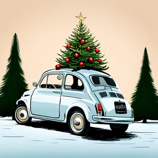 Fiat 500 with Christmas Tree on Roof, Hand Drawn Christmas I...