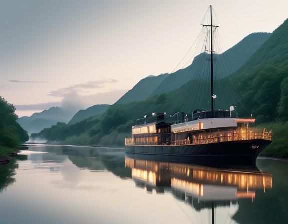 Elegant Steamboat Sails on Serene River in Warm Light