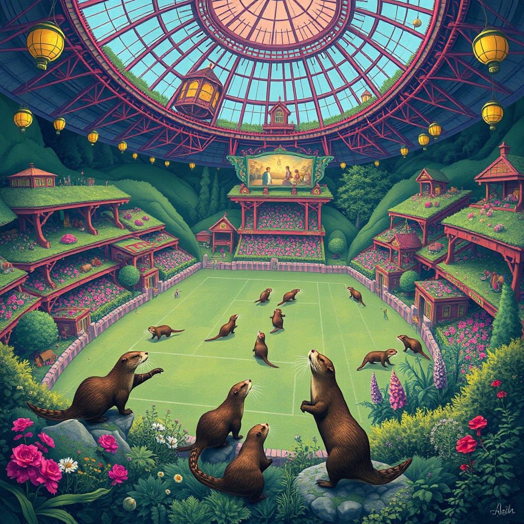 Otters Play in Lush Stadium: Fantasy Realism