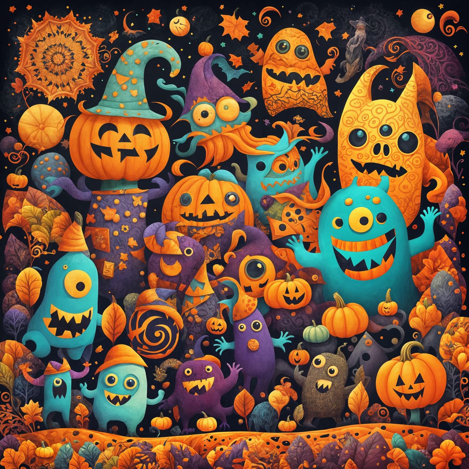 Whimsical Halloween Folk Art in Psychedelic Colors
