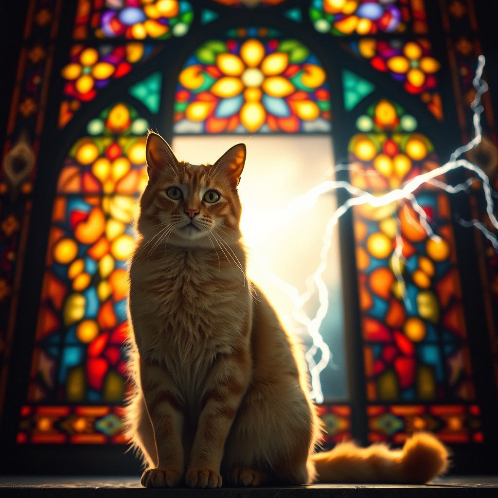 Majestic Pale Orange Tabby Cat Illuminated by Stained Glass...