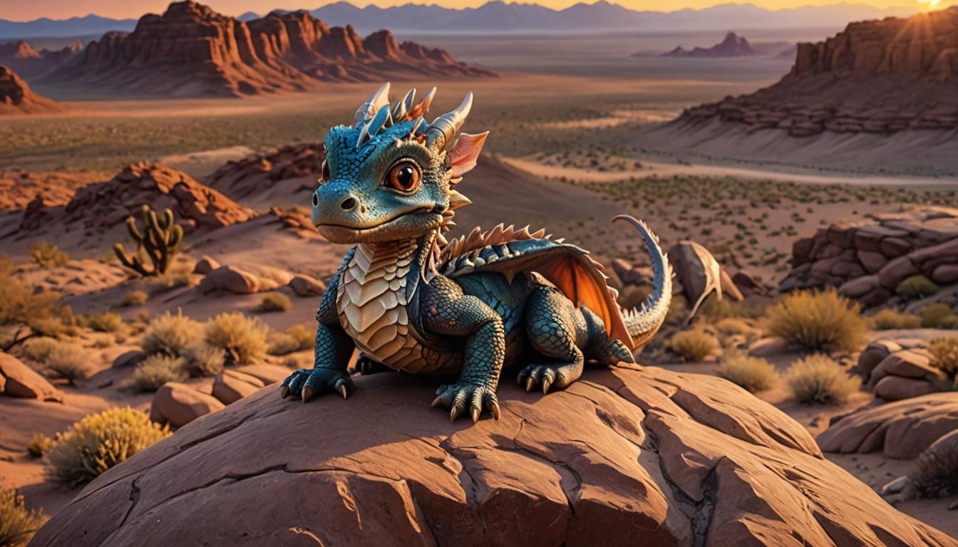 Cute Baby Dragon in Desert Sunset Landscape