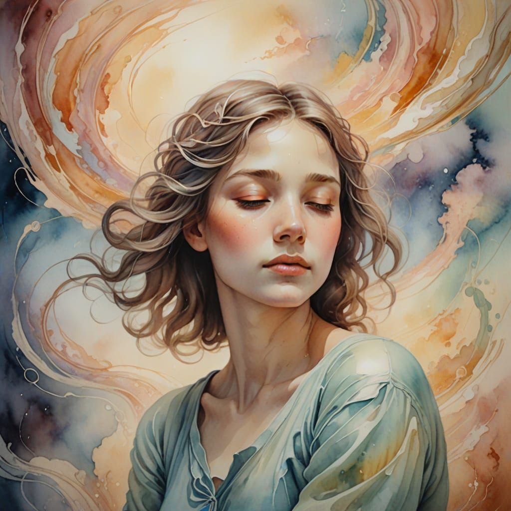 Surrealist Oil Painting of Woman Dreaming of Embracing Arms