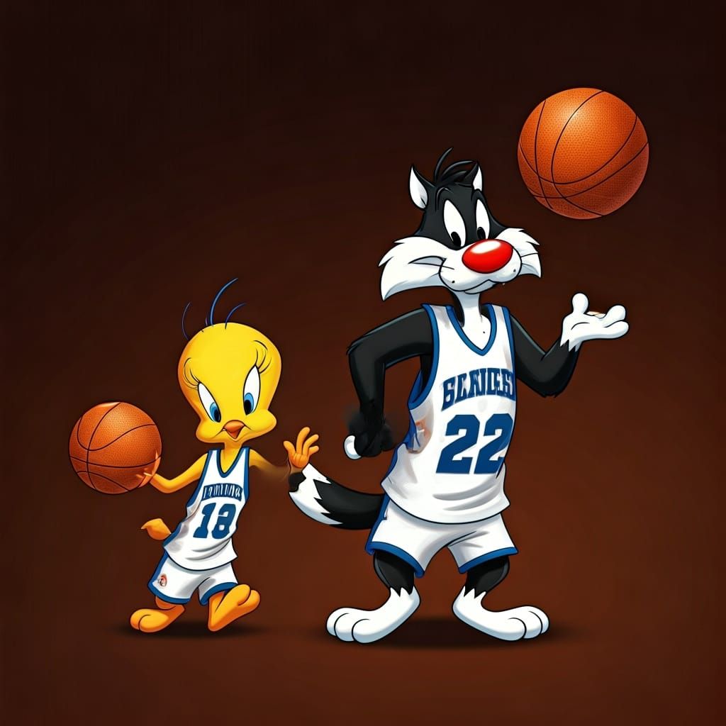 Sylvester and Tweety Pie playing basketball in professional kit