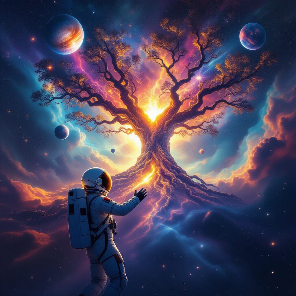 Astronaut Reaches for Cosmic Light Tree in Nebula