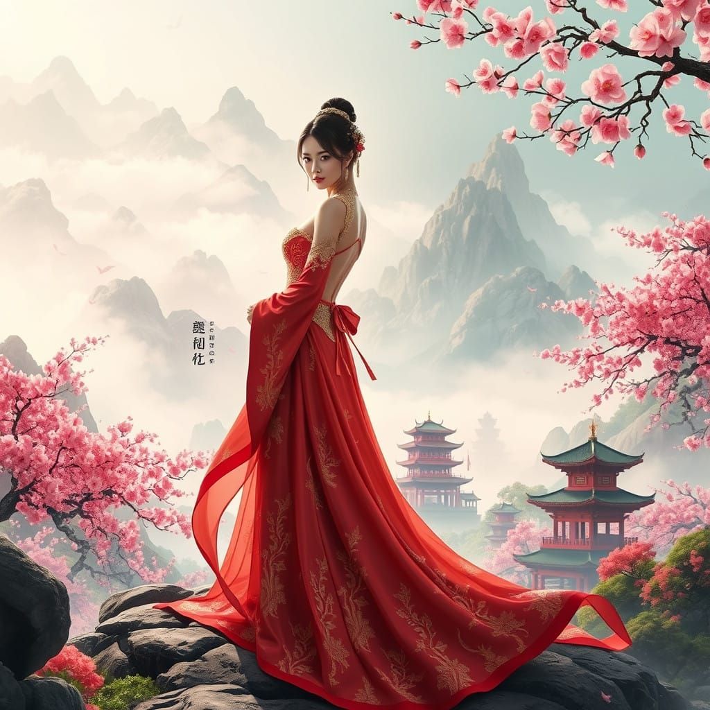 Ethereal Japanese Beauty in Dreamy Landscape
