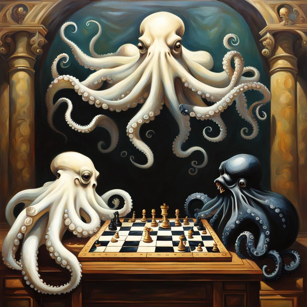 Octopuses Engage in Strategic Chess Match in Whimsical Oil P...