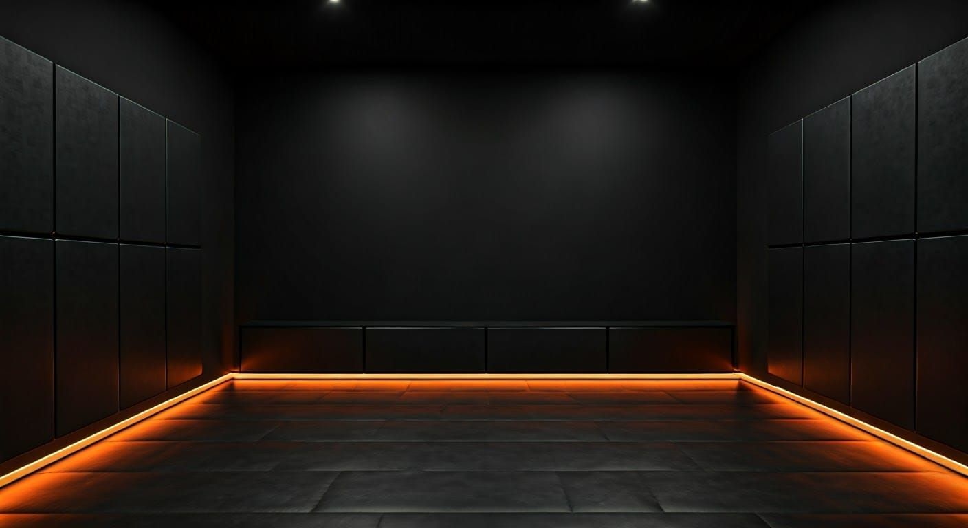 "A high-resolution 4K image in WEBP format of a modern home cinema room. The back wall is painted black, creating a slee...