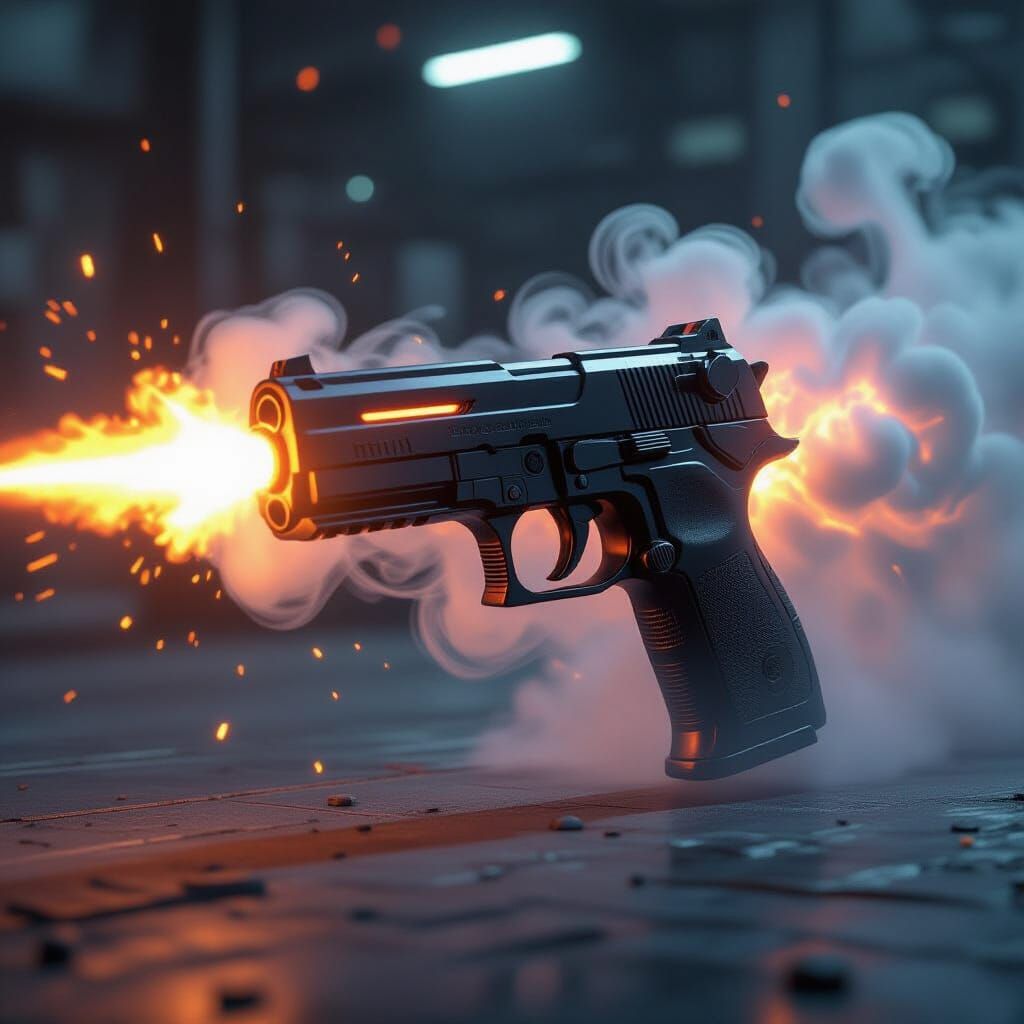 Cyberpunk Gun Emitting Fire and Shadow
