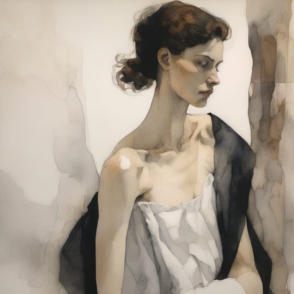 Astonished Girl Gazing at Wavy Shapes in Egon Schiele Style