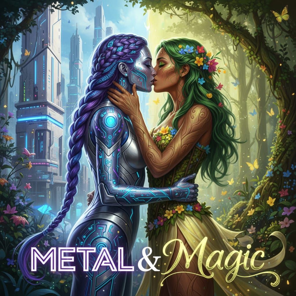 Cyborg & Forest Goddess Couple in Futuristic Neon Style