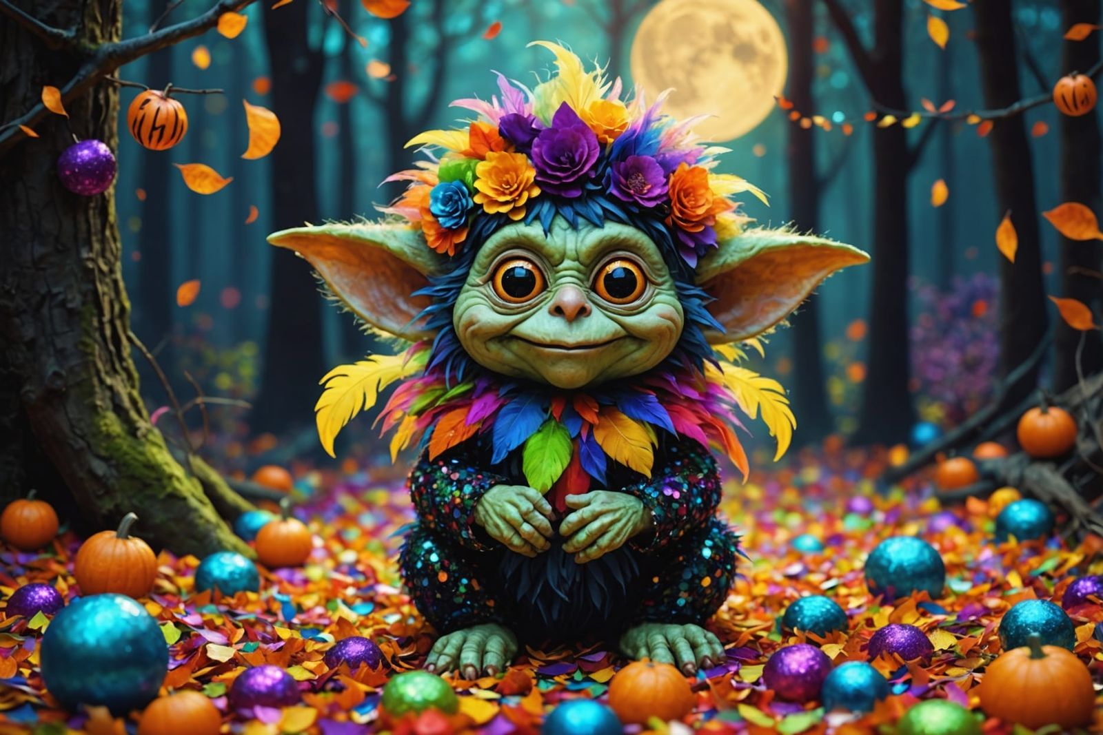 Glowing Forest Goblin with Fluffy Feathers and Glittering Co...