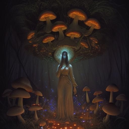 Surreal Goddess Awakens Amidst Glowing Fungi and Fireflies i...