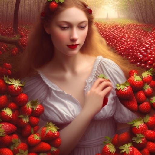 Mystical Autumn Princess Amidst Glowing Strawberries