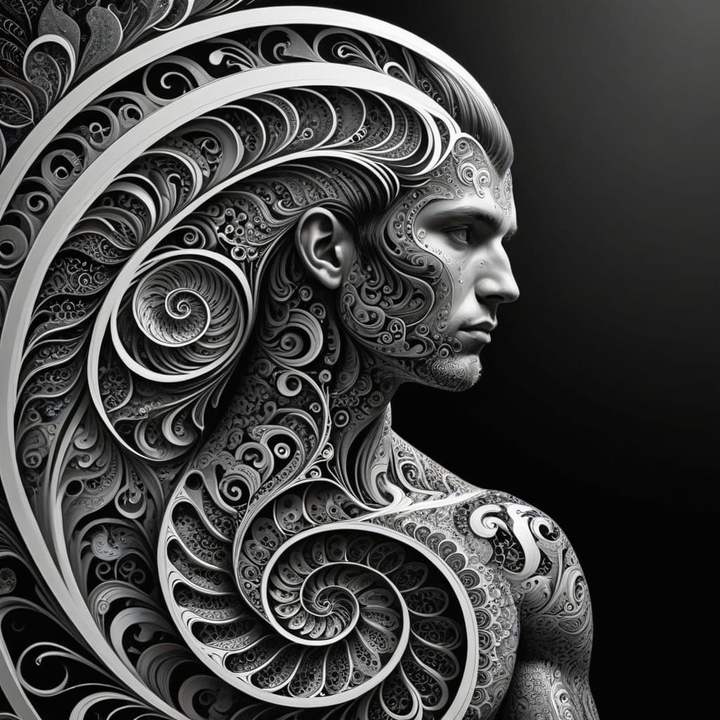 Man on Fibonacci Spiral, Zentangle Art