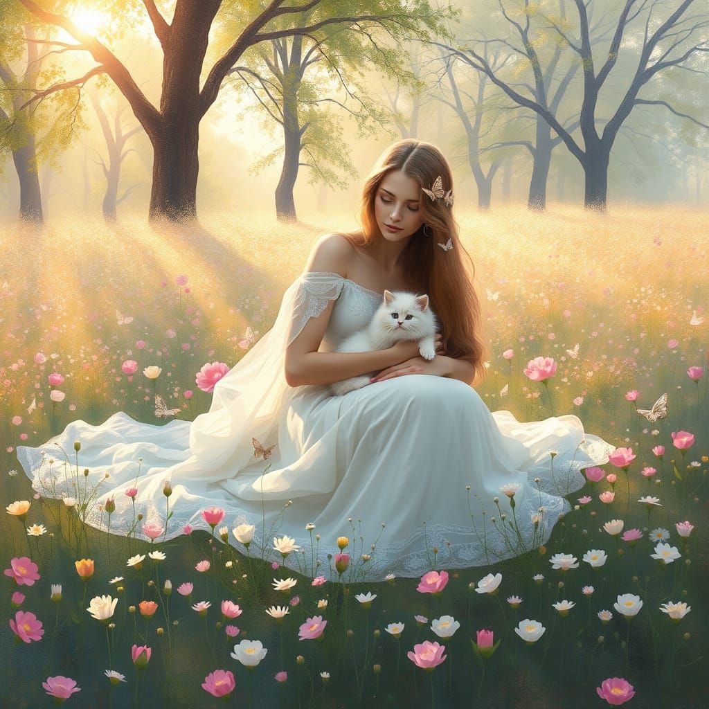 Goddess with Kitten in Impressionistic Pastel Flower Field