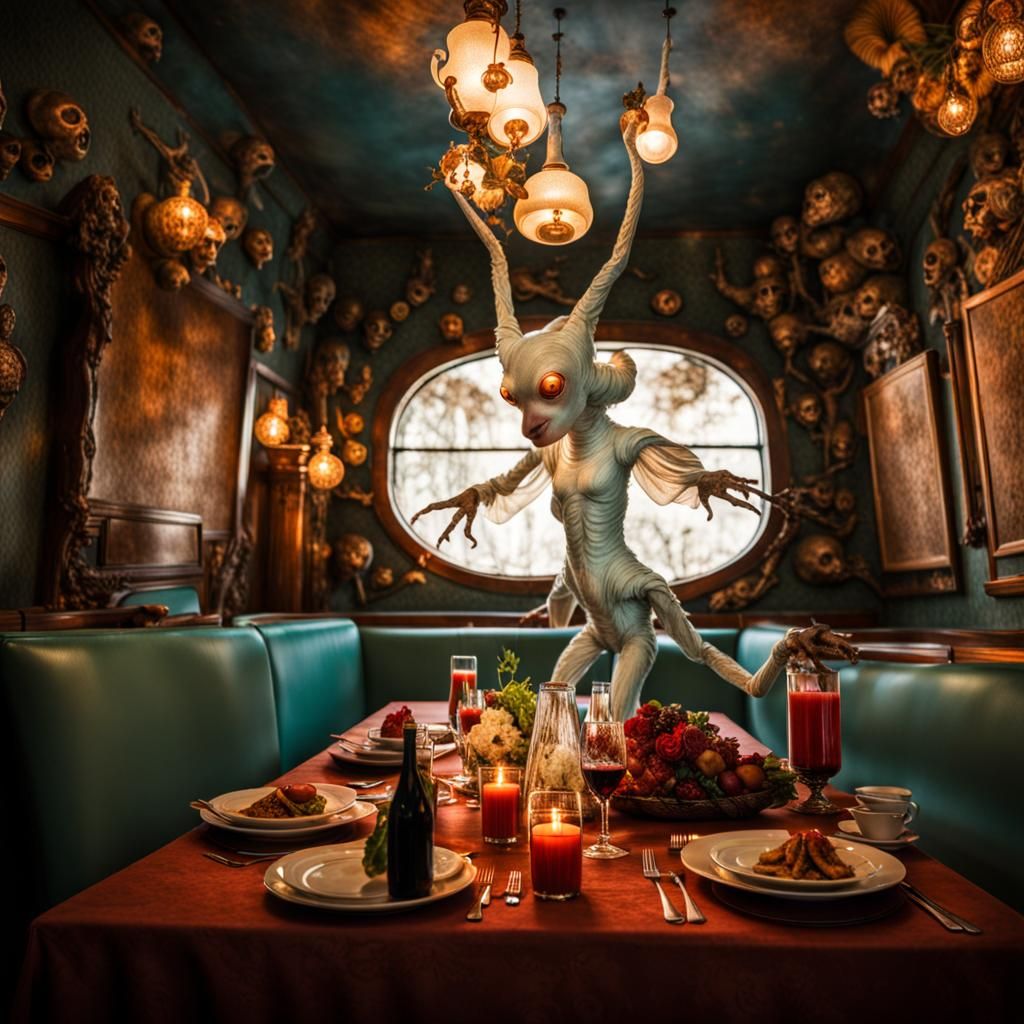 Surreal Alien Celebration in Gritty Restaurant