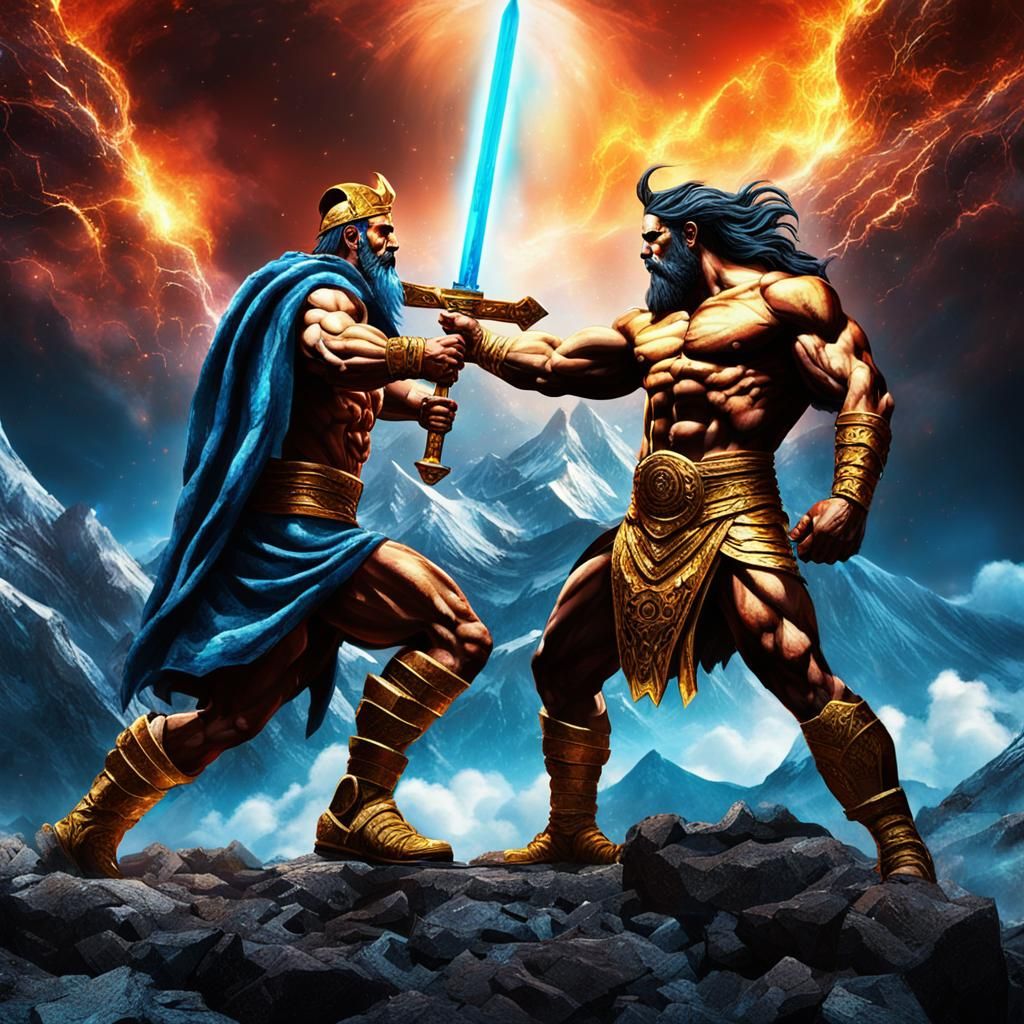 Sword Fighting Gods on Mt. Olympus in Epic Fantasy Style