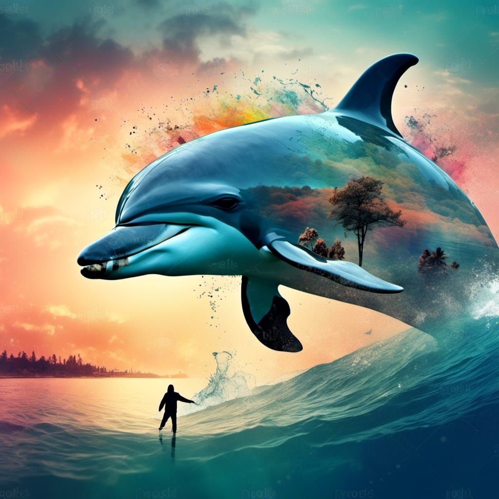 Dolphin in Muted Ocean Sunset Double Exposure