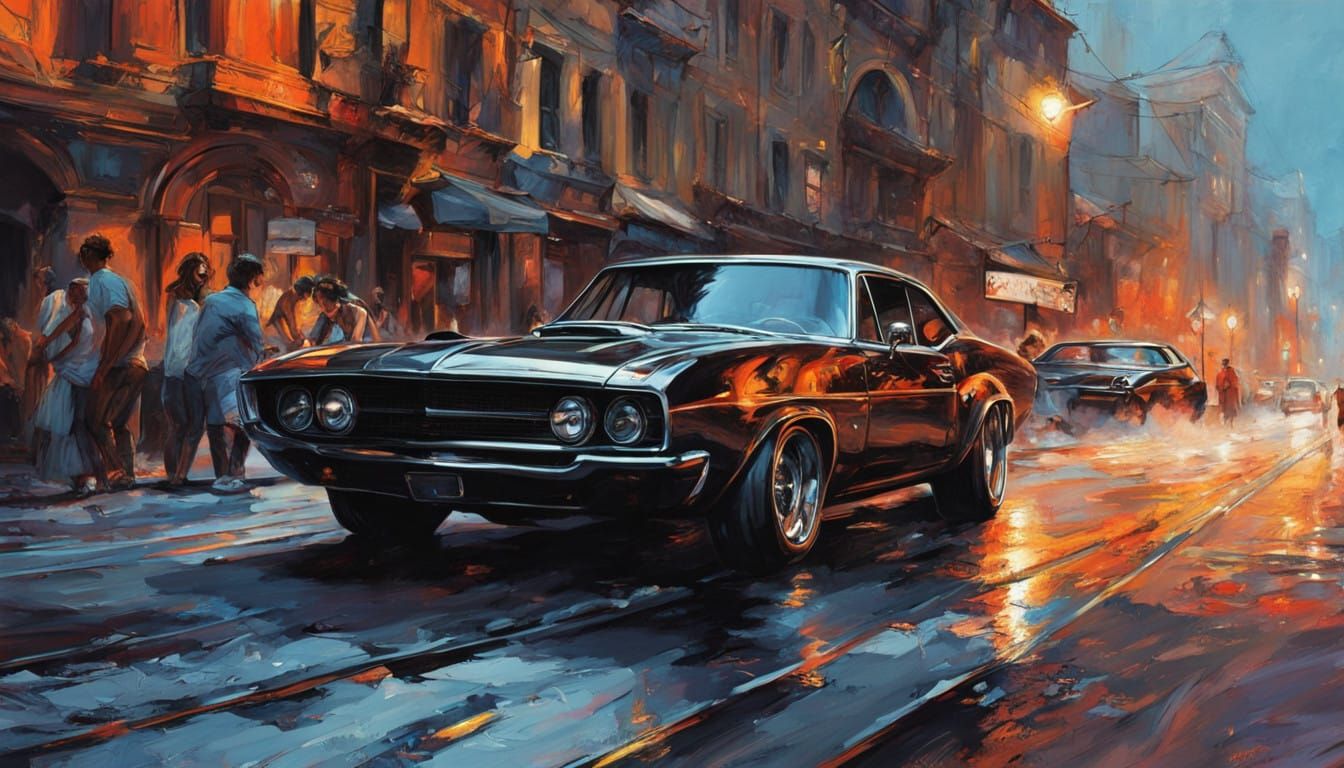 Curvy Woman in Muscle Car at Night