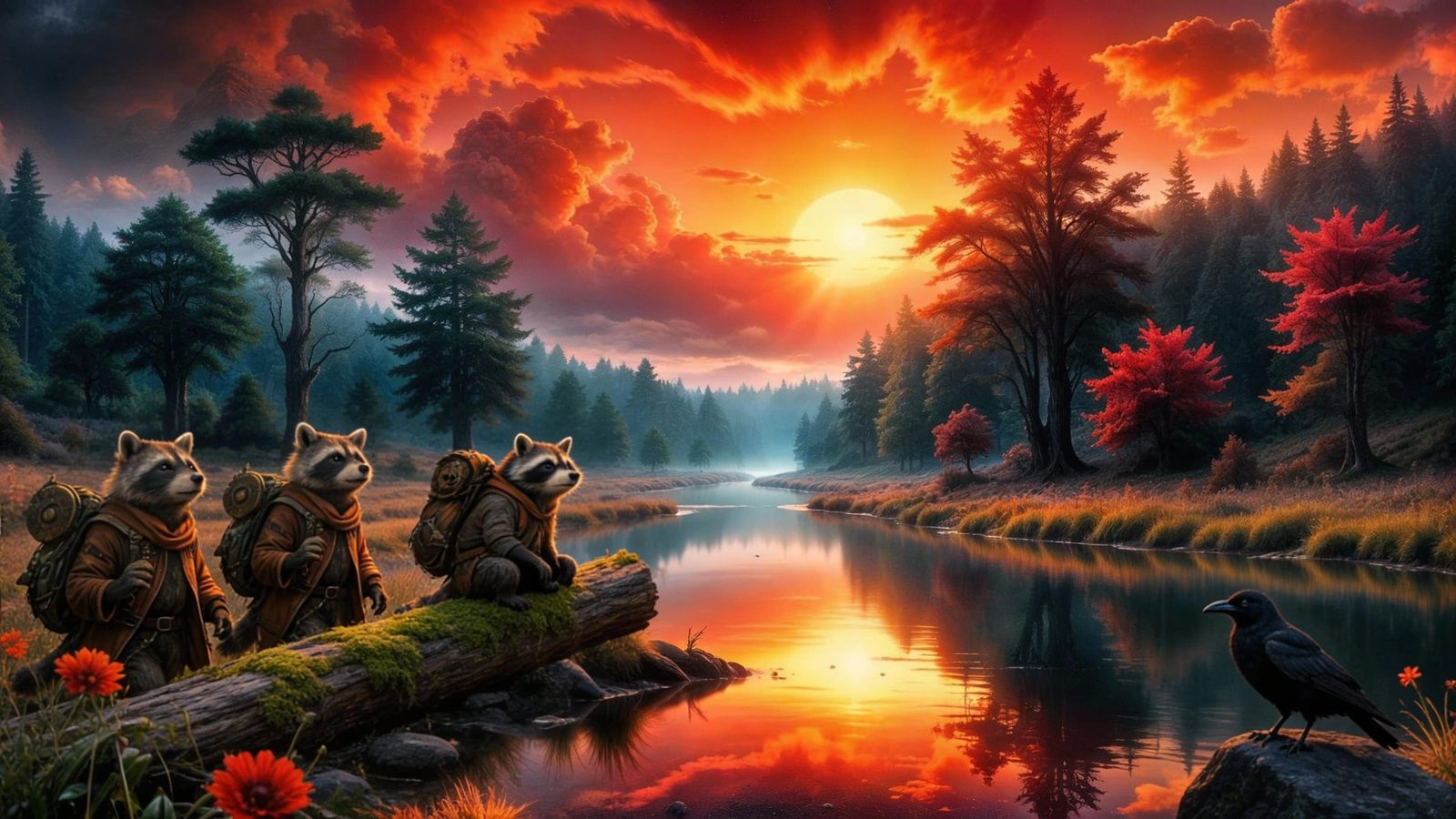 Raccoon Explorers and Raven King at Sunset