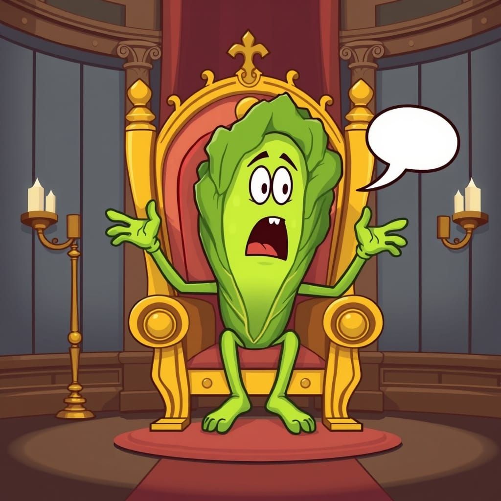 Cartoon Lettuce King on Golden Throne
