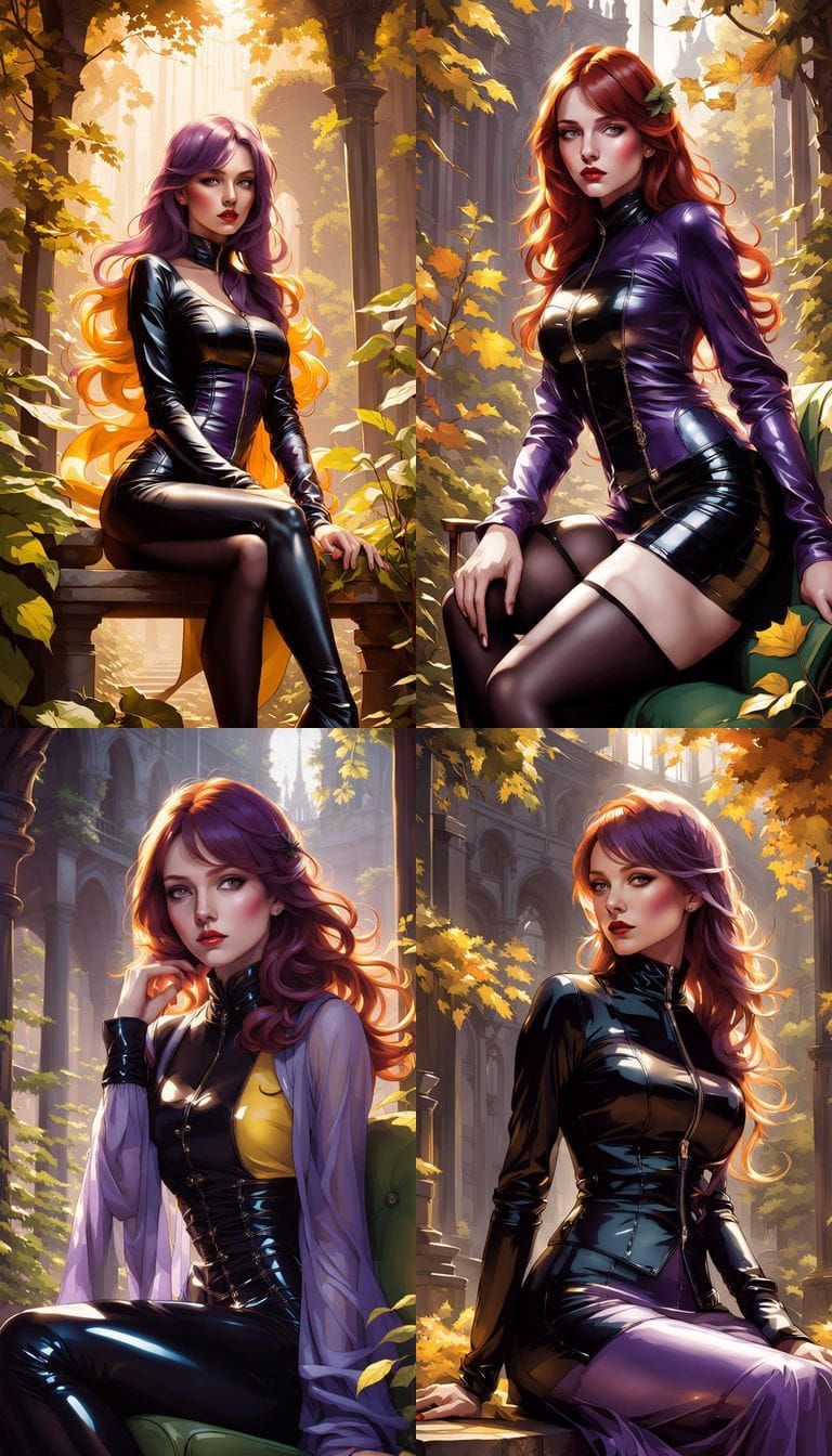 A young woman is seated on a green bench in a park-like setting, surrounded by a soft, dappled light filtering through a...