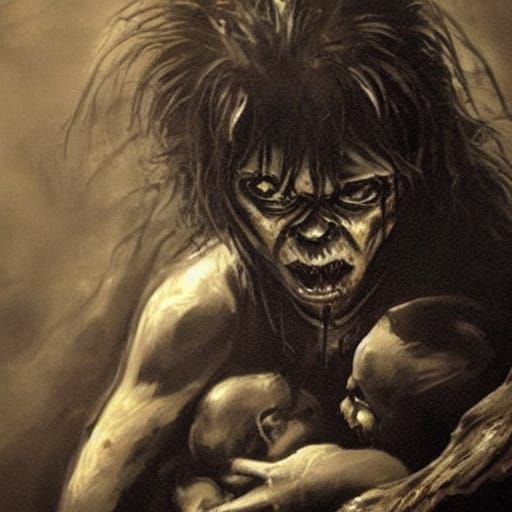 Dark Expressionist Mythic Figure Consuming a Child