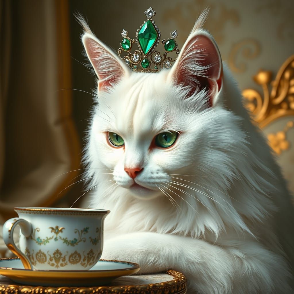 Regal Persian White Cat in Exquisite Oil Painting Style