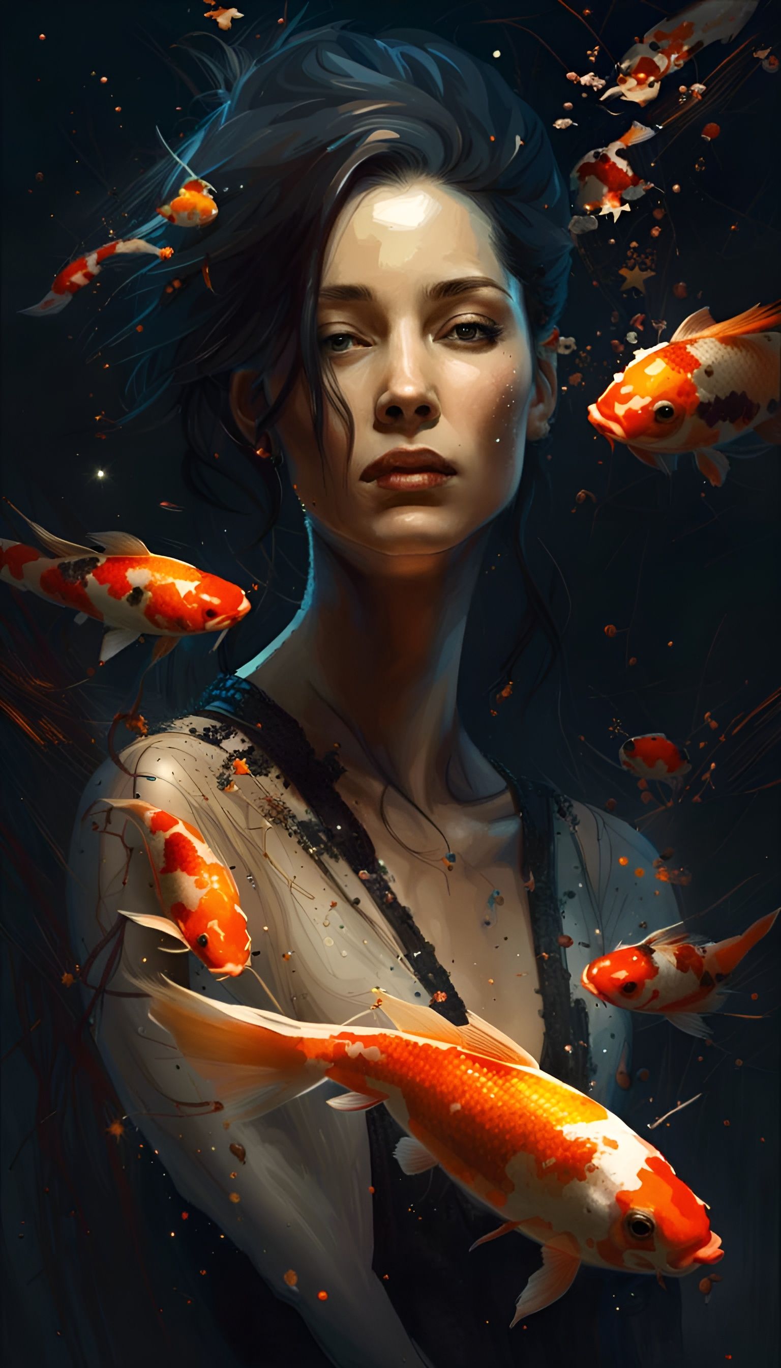Woman in Midnight Dreamscape with Radiant Koi