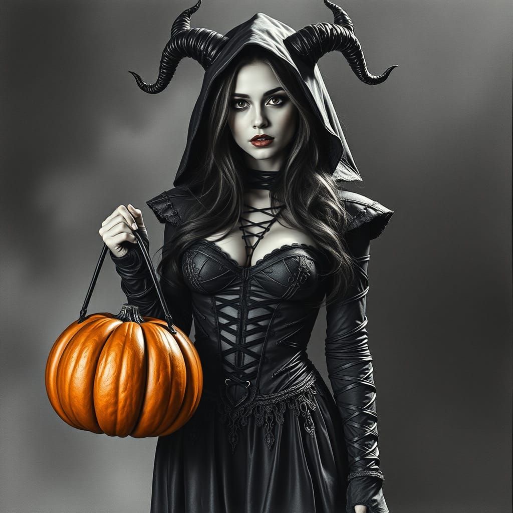 Demoniac Halloween Woman with Pumpkin Basket in Charcoal Sty...