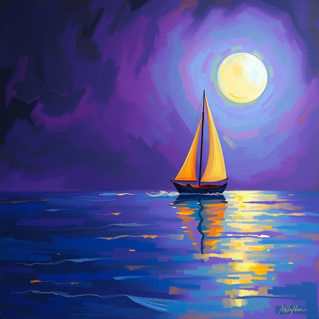 Moonlit Sailboat Glides Across Vibrant, Dreamlike Waters