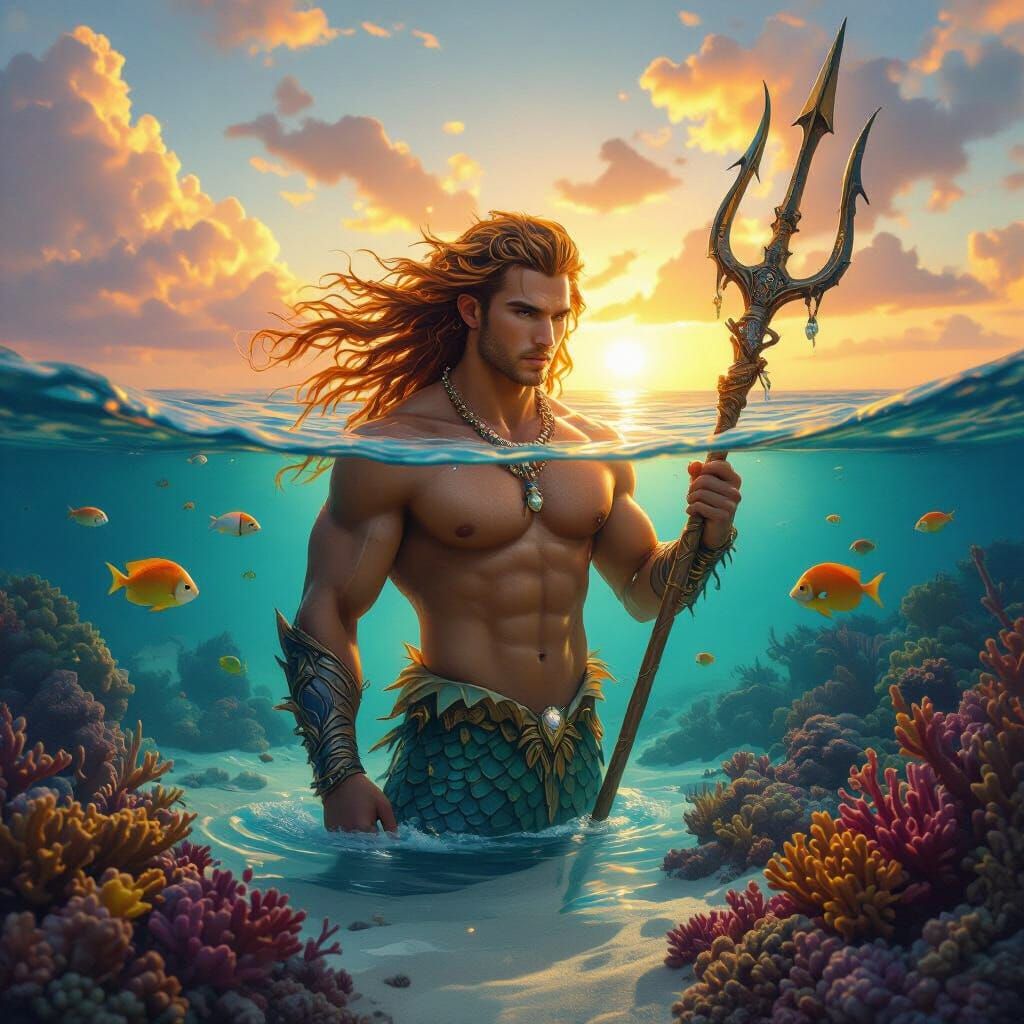Merman Emerges from Coral Reef, Hyperrealistic Matte Paintin...