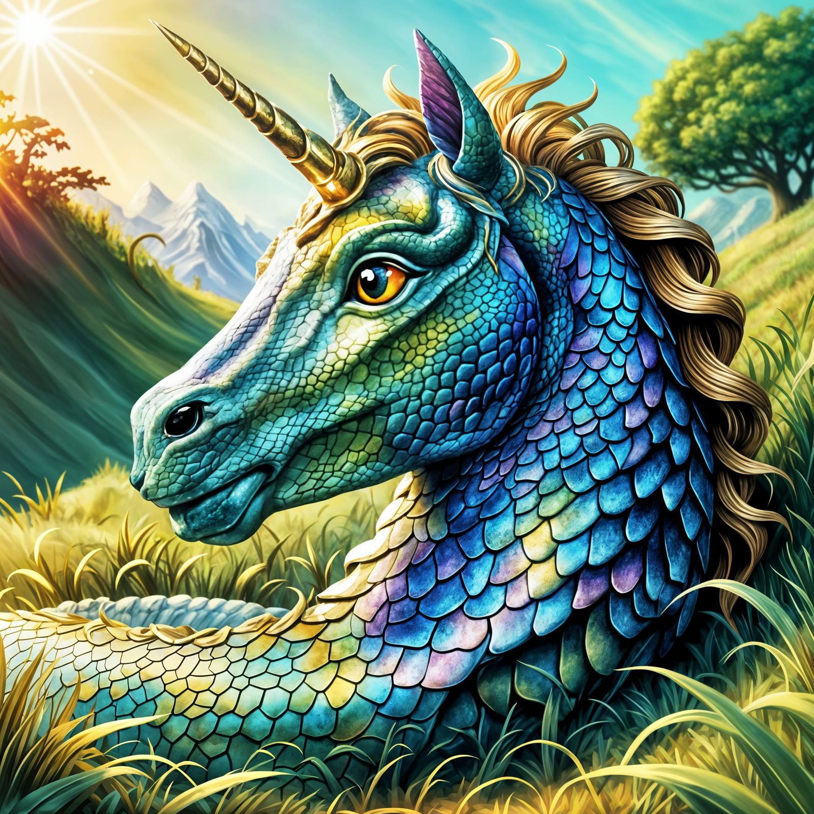 Vibrant Snakeskin Unicorn in Mythical Style