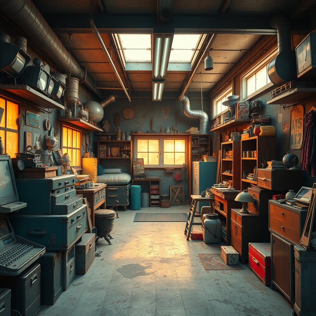 Vibrant Cluttered Garage in Futuristic Industrial Style