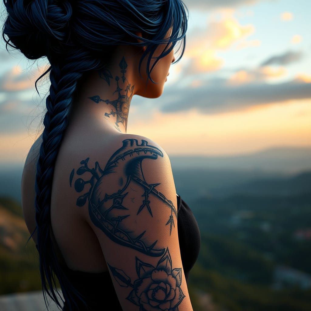 Woman with Intricate Tattooed Heart and Lirium Flower in Fan...