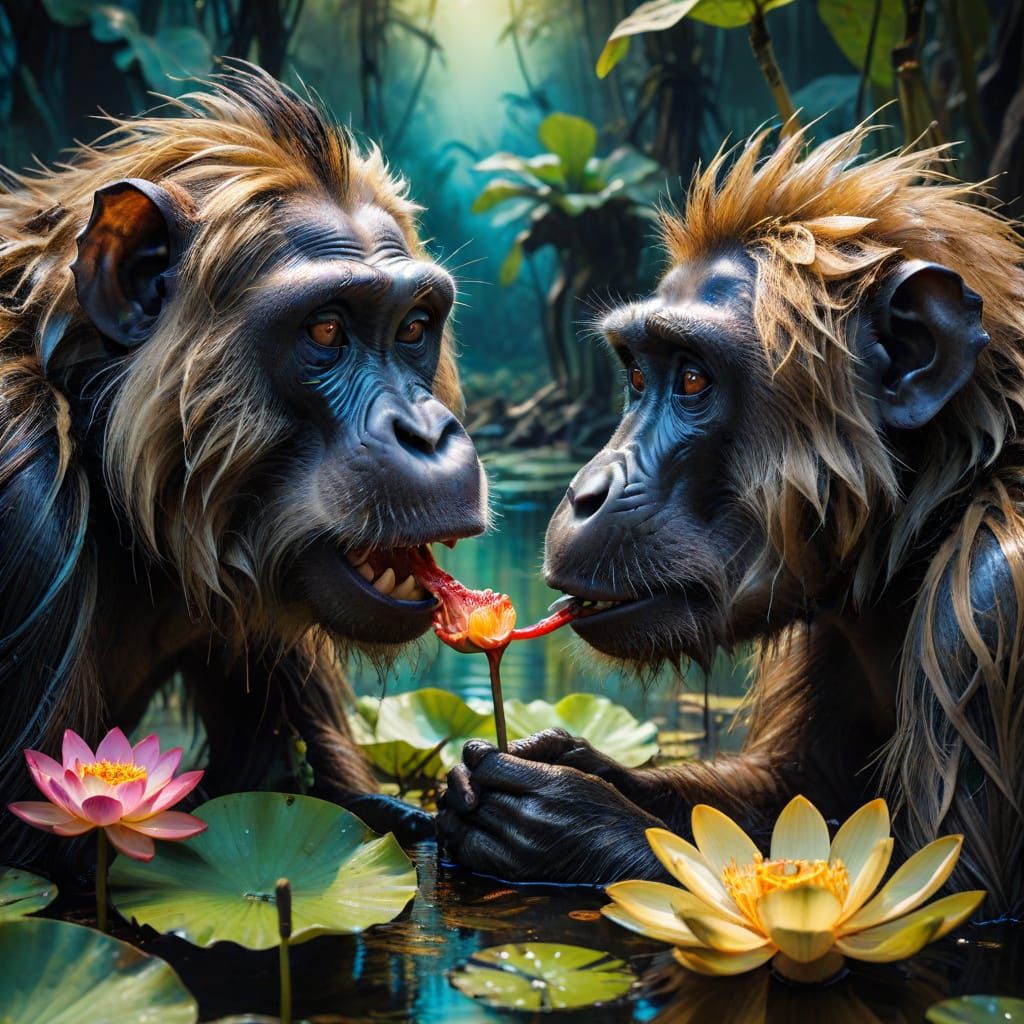 Surreal Baboon Eats Lotus Flower in Swamp