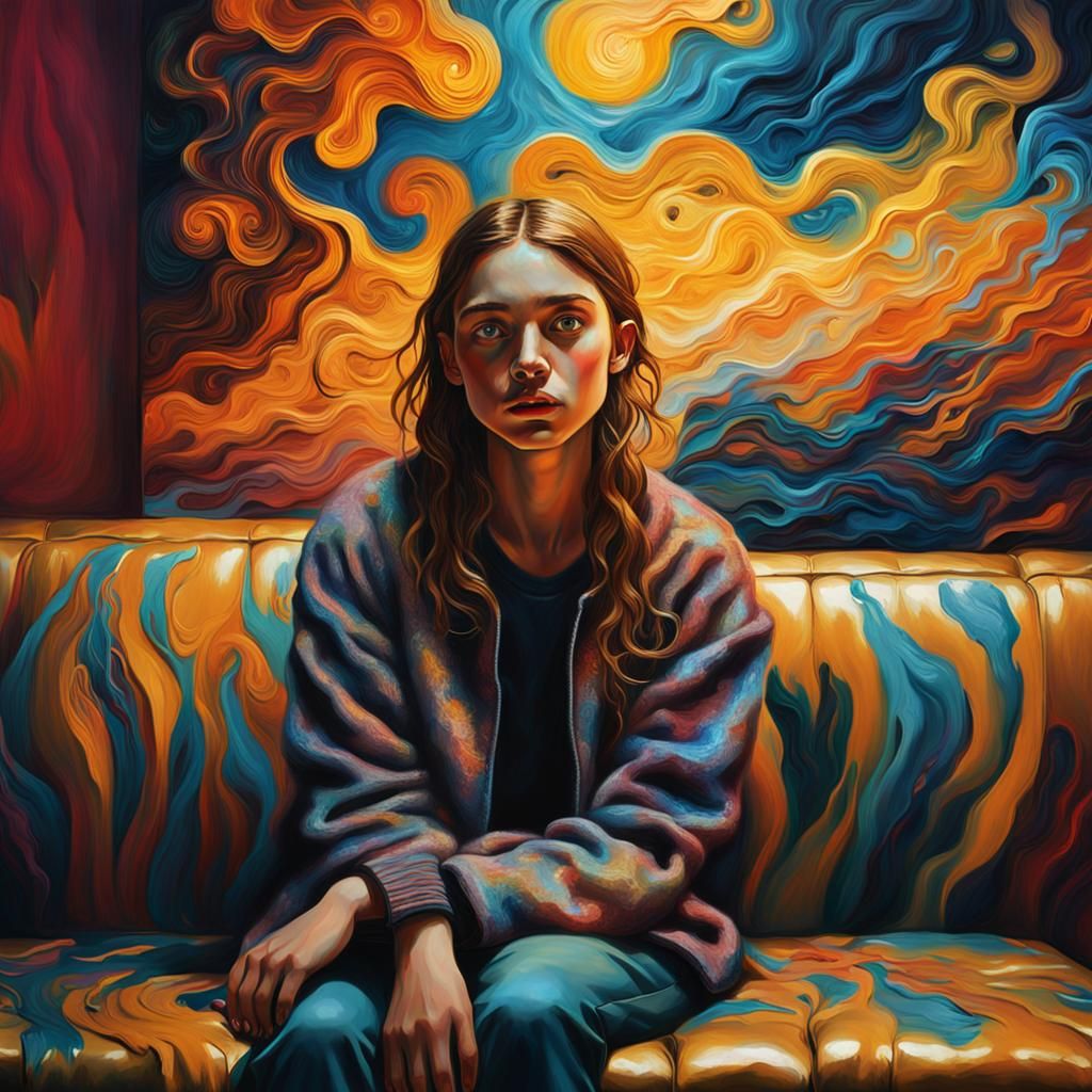 Girl in Vibrant, Dreamlike Melting Room Scene