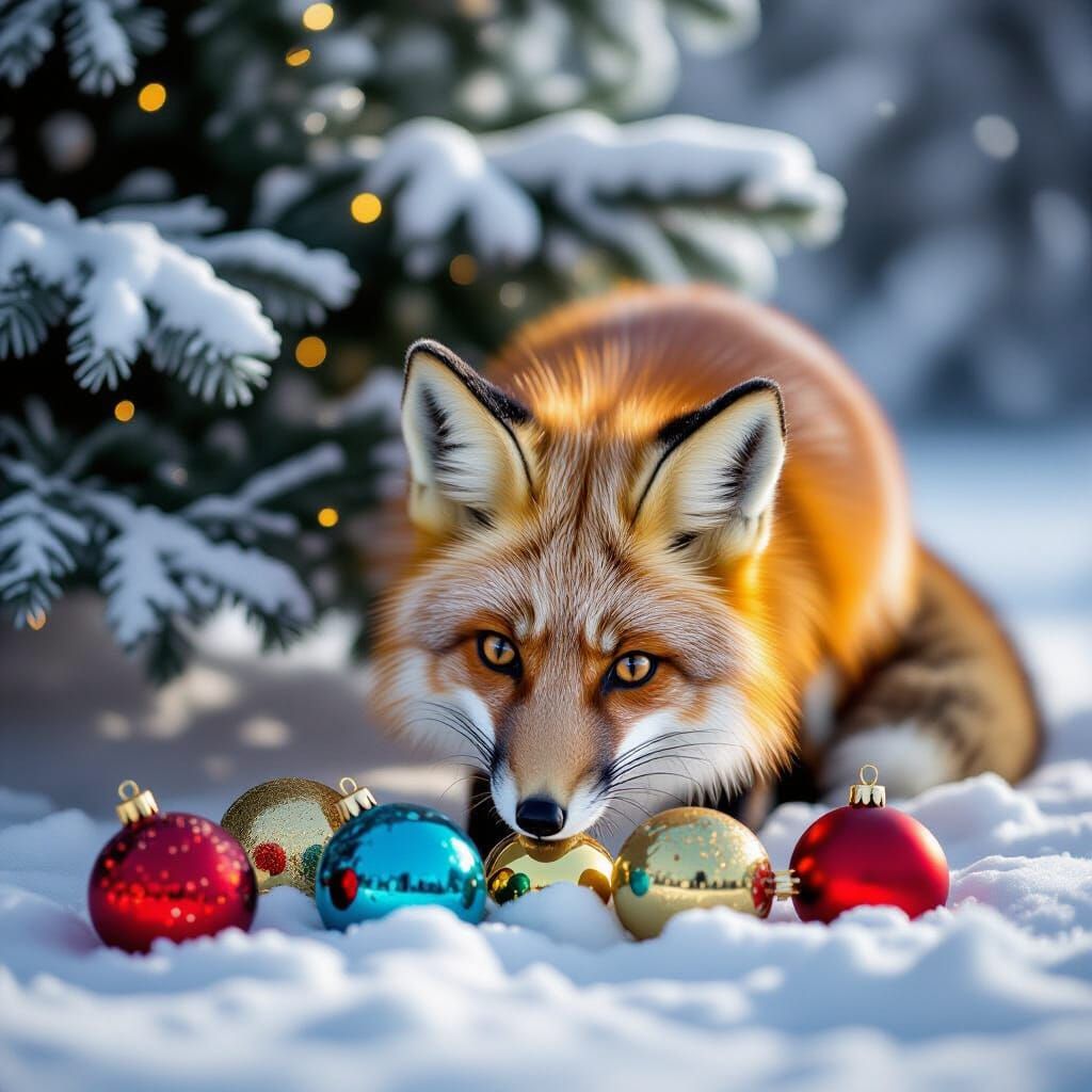 Photorealistic Fox Discovers Christmas Ornaments in Snowy Fo...
