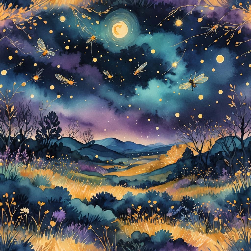 Dreamy Nocturnal Landscape in Soft Watercolor Style