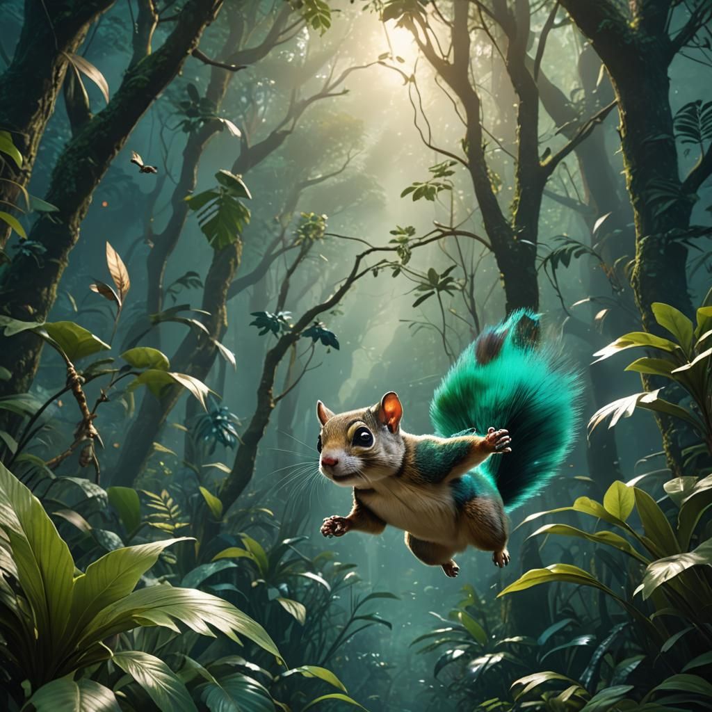 Ethereal Jungle Scene with a Gliding Flying Squirrel